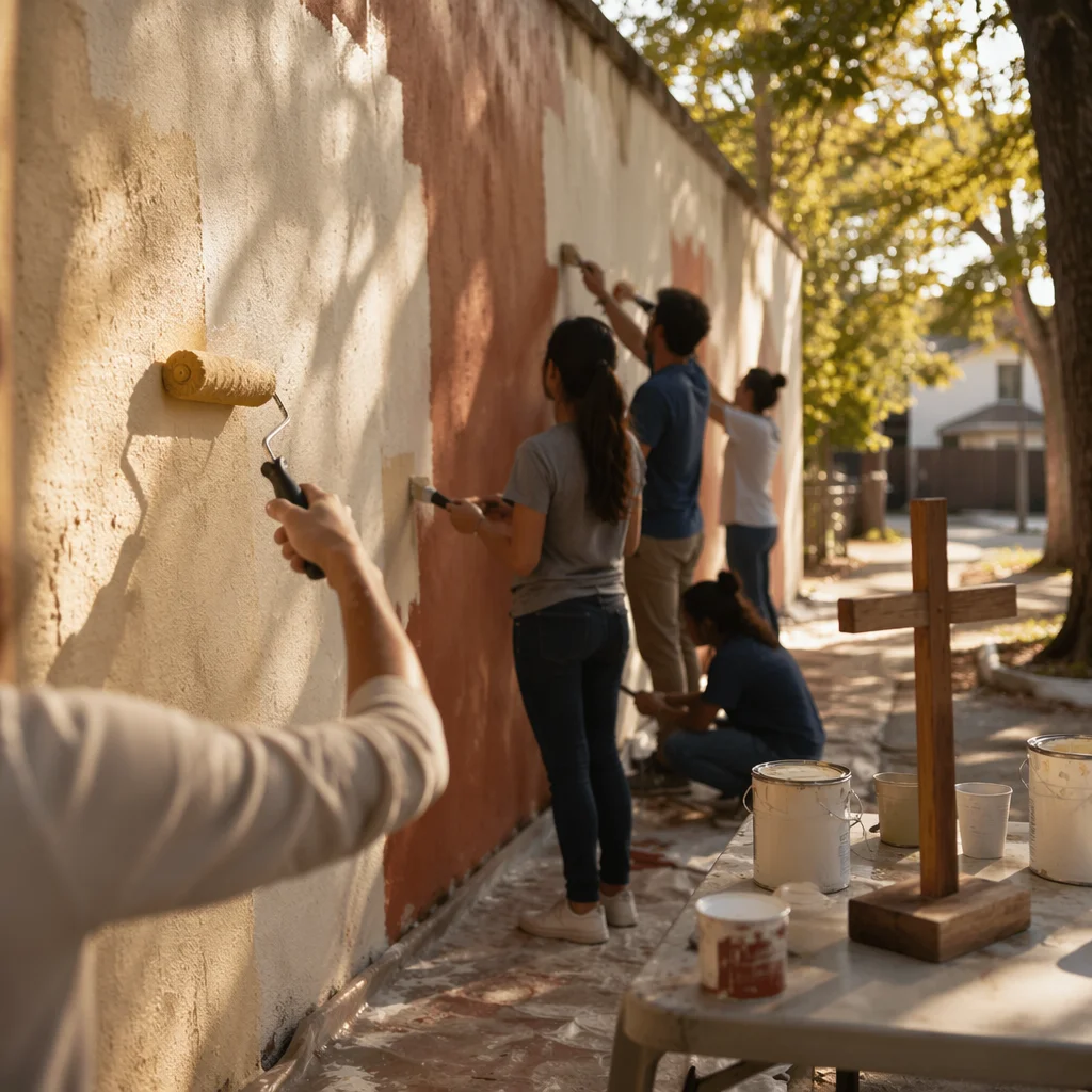 Church Volunteers Painting Community Wall Together