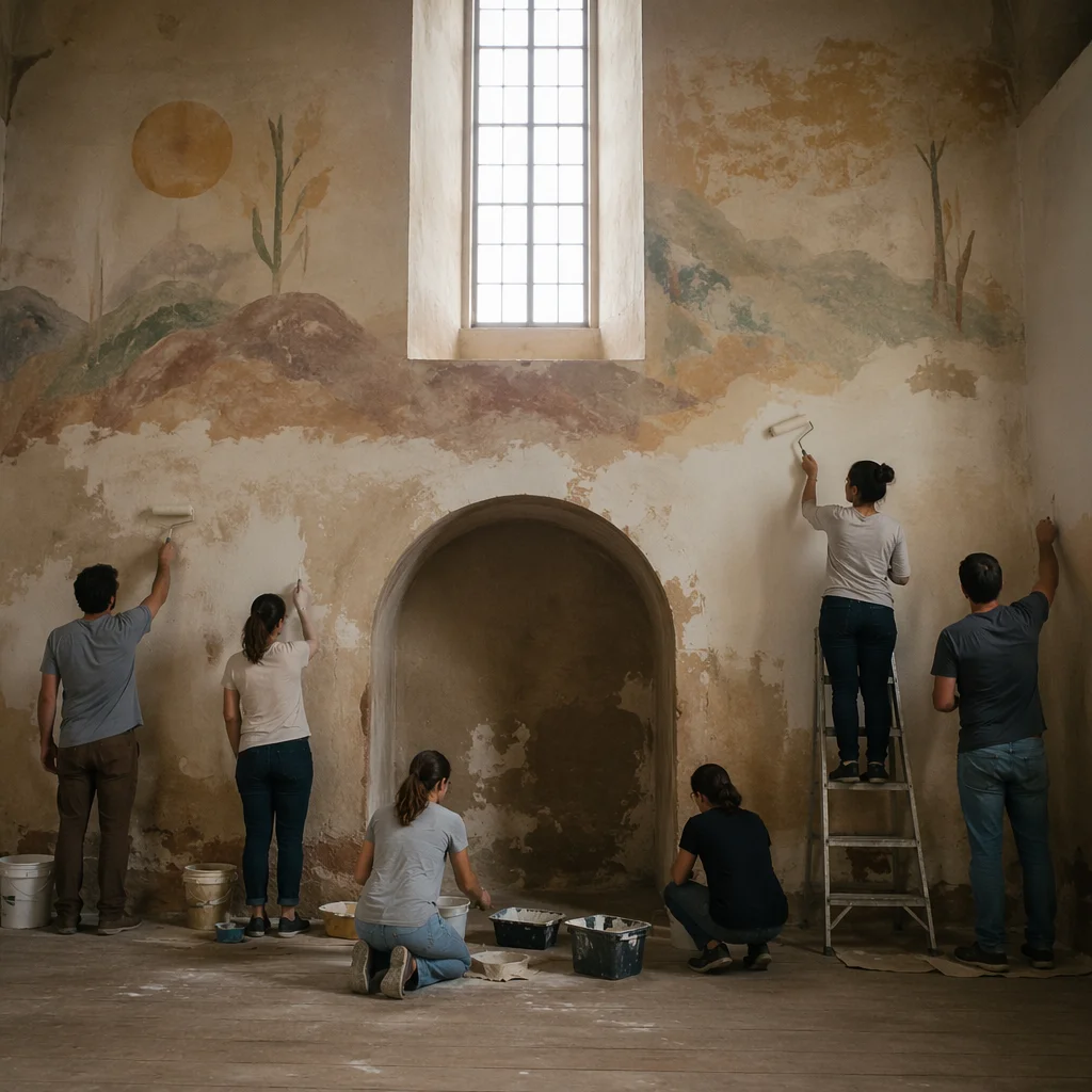 Volunteers Restoring a Rustic Community Hall Wall