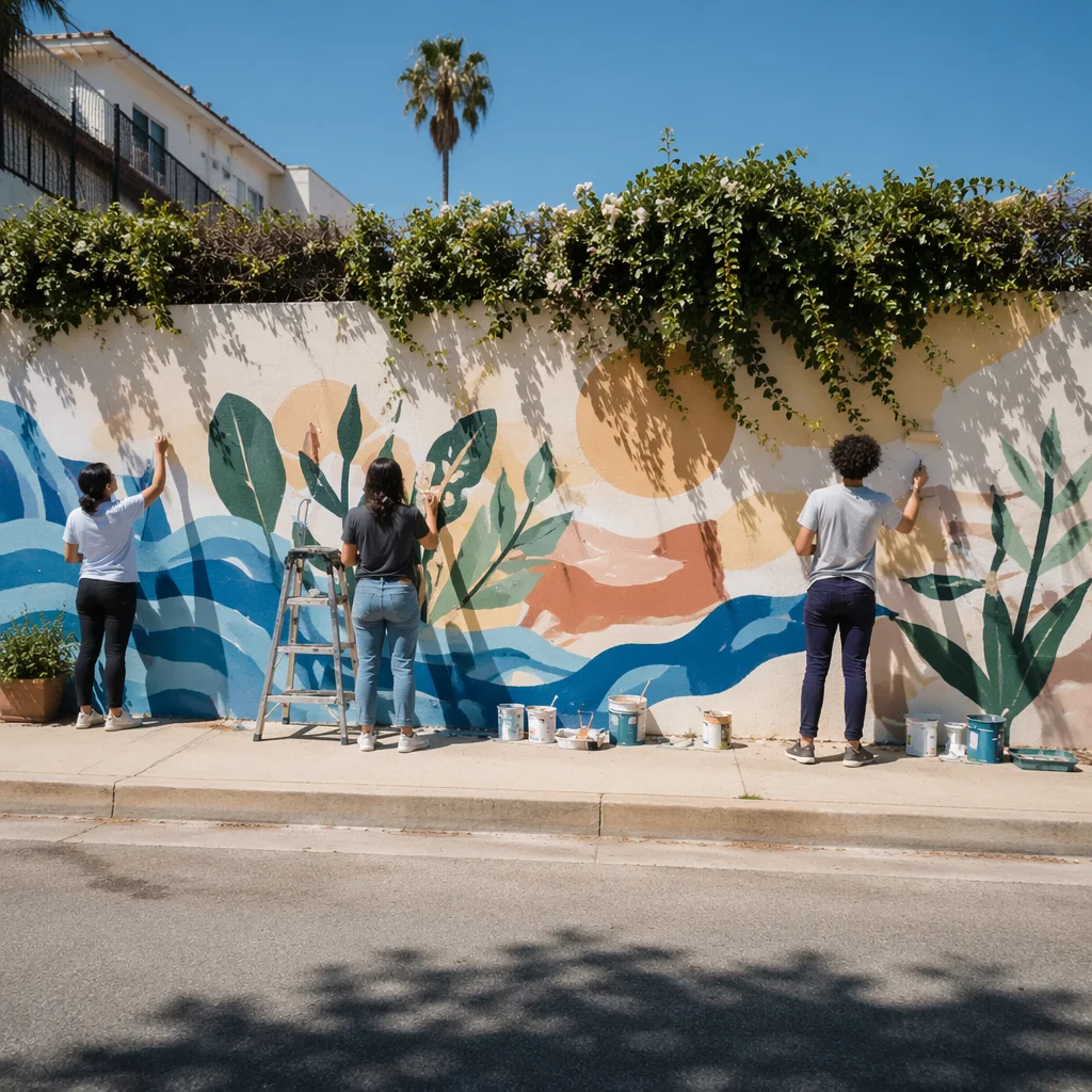Volunteers Painting a Neighborhood Mural Together