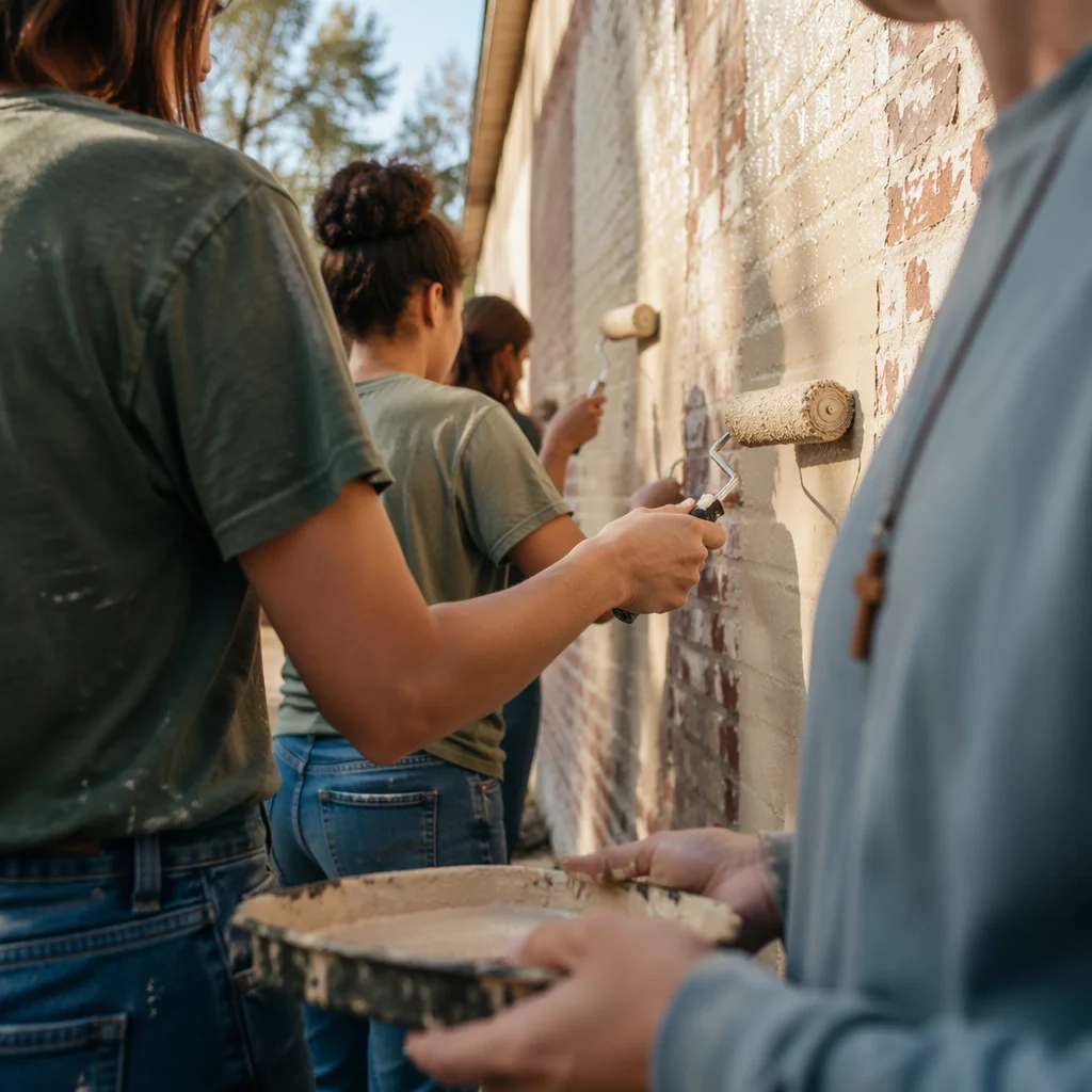 Faith Volunteers Painting Community Wall Together