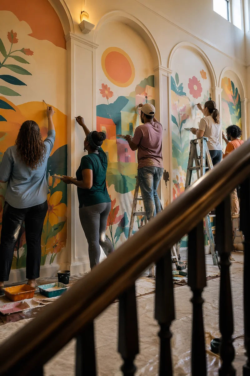 Volunteers Painting a Colorful Community Mural