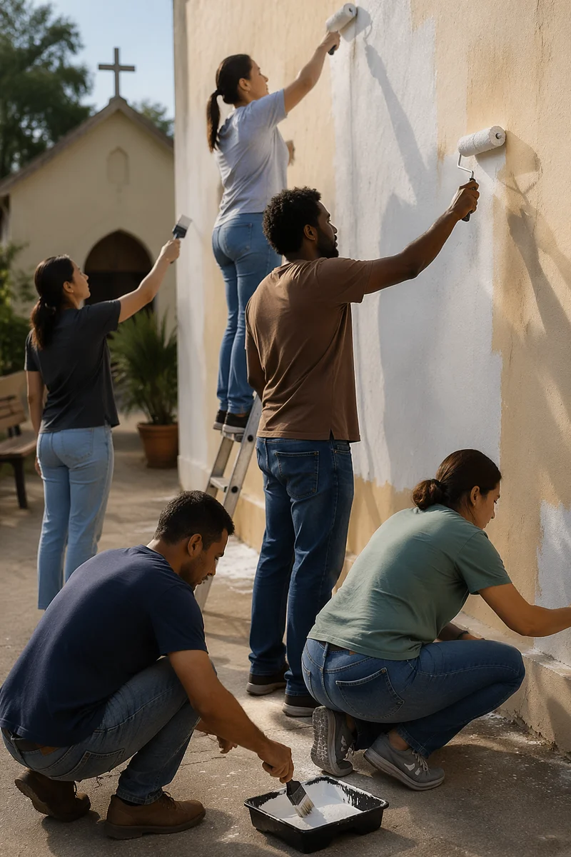 Volunteers Painting Chapel Courtyard Wall Together