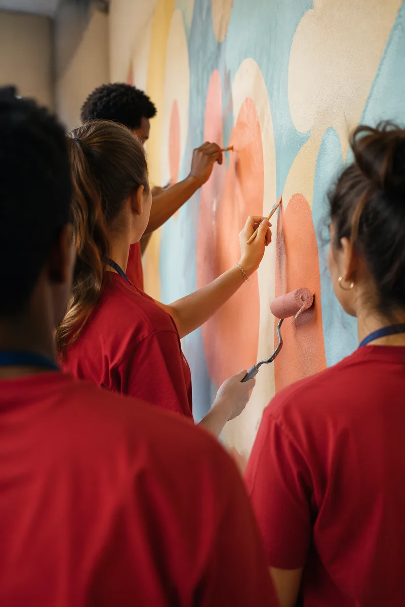 Volunteers Painting a Community Mural Together