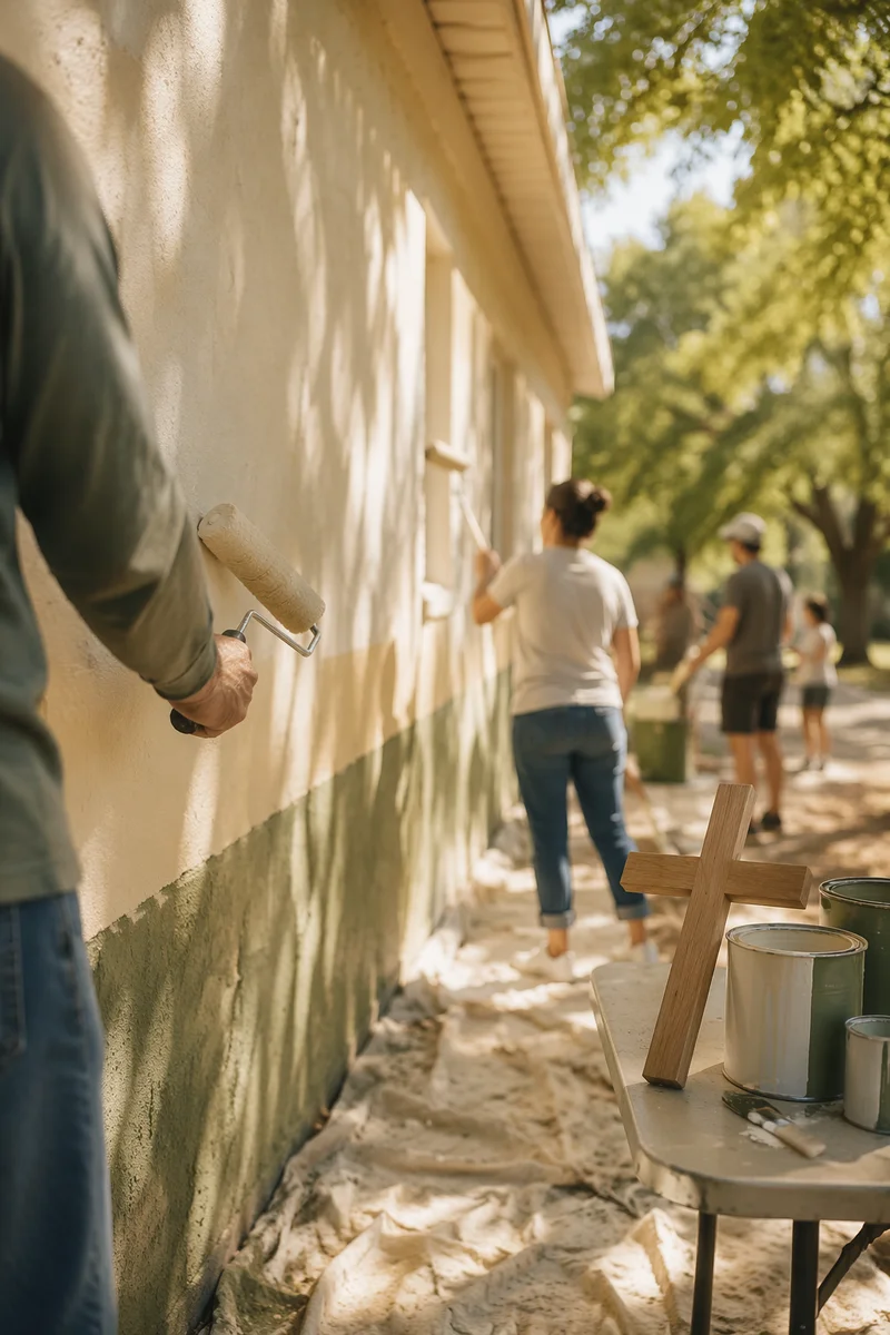 Church Volunteers Painting Community Wall Together