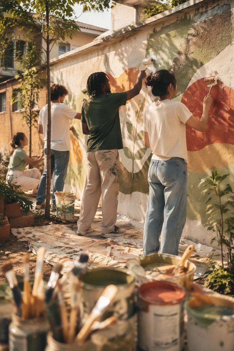 Volunteers Painting Hopeful Community Garden Mural