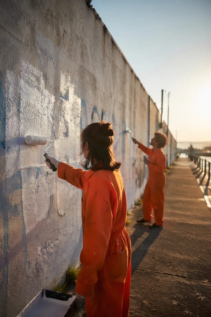 Community Volunteers Repainting Wall at Sunset