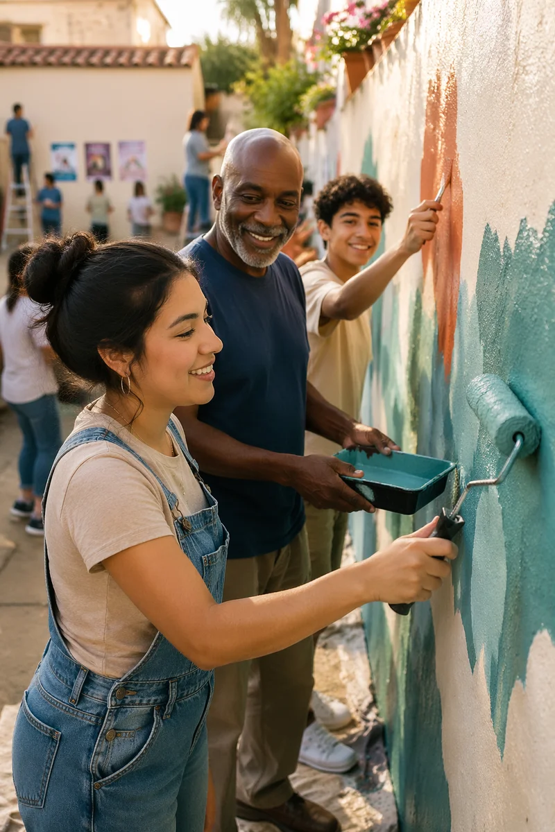 Volunteers Painting Community Wall in Sunlight