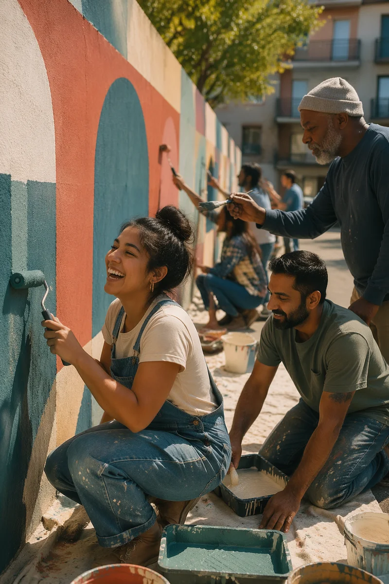 Volunteers Painting Community Wall on Spring Afternoon
