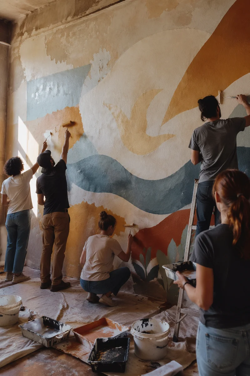 Community Volunteers Painting Hopeful Mural Together