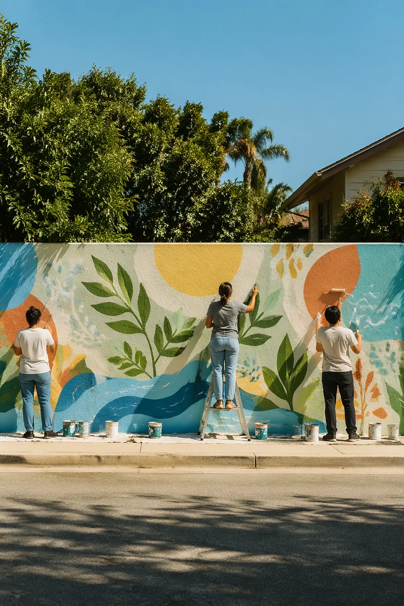 Volunteers Painting a Vibrant Community Mural