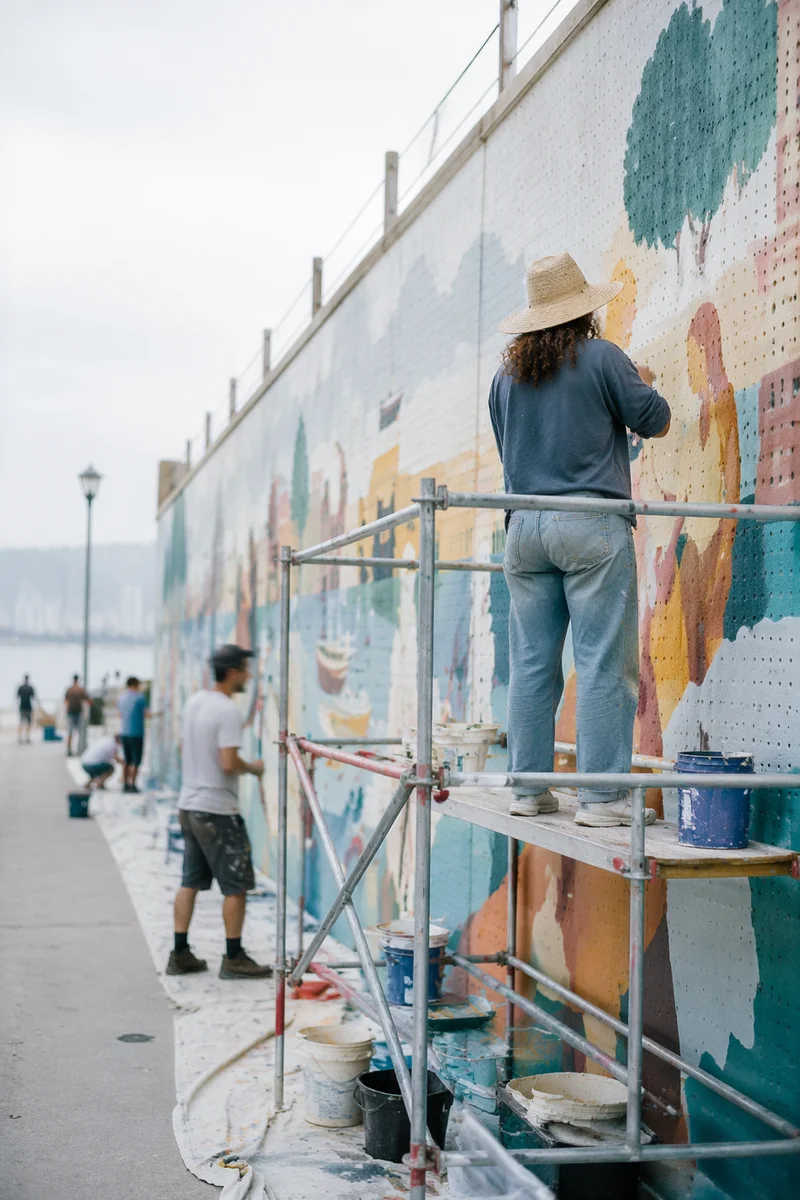 Community Volunteers Painting Waterfront Mural Together