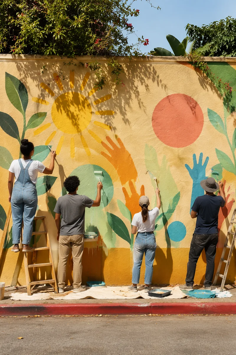 Volunteers Painting a Joyful Community Mural