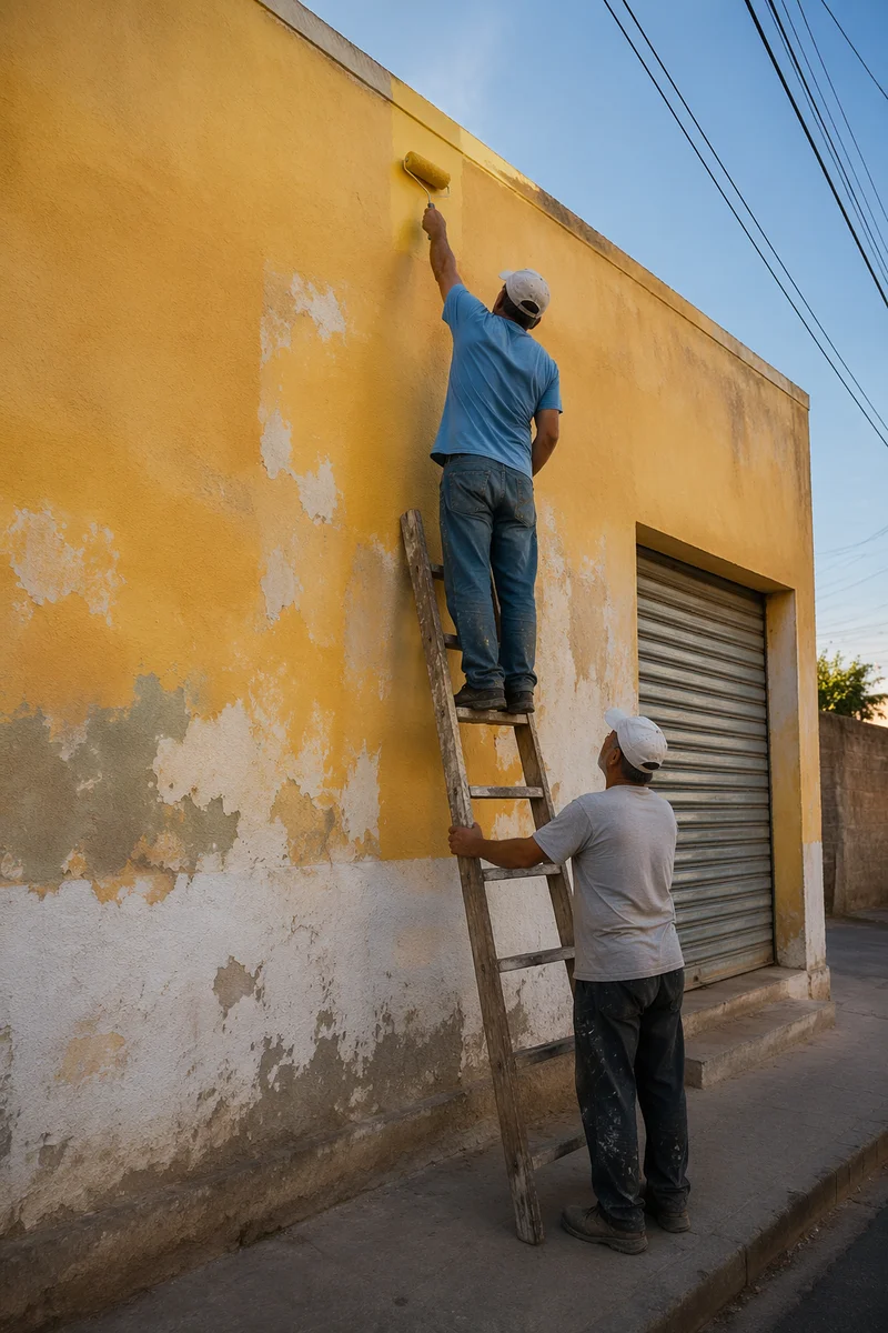 Volunteers Repainting a Weathered Neighborhood Wall