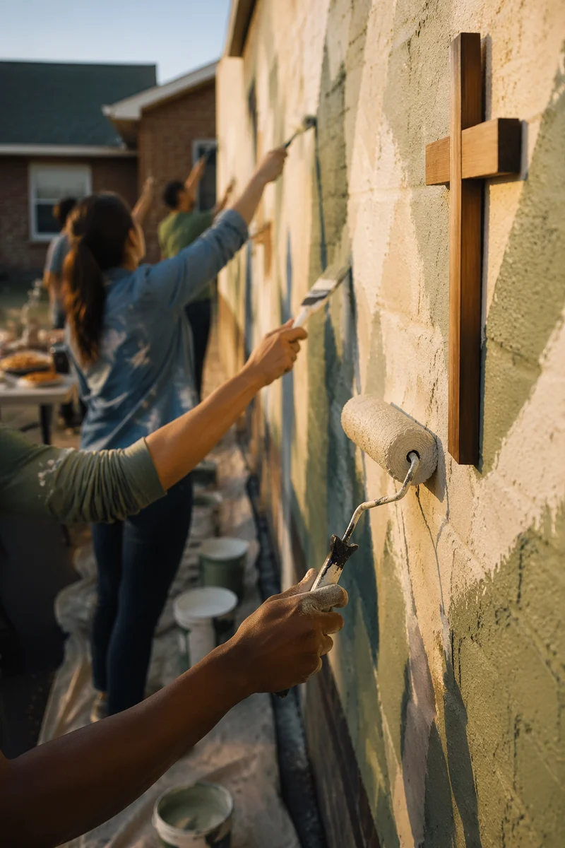 Volunteers Painting Community Wall by Cross
