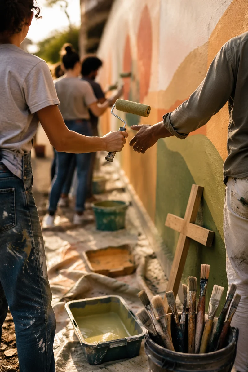 Volunteers Painting Community Wall in Afternoon Light