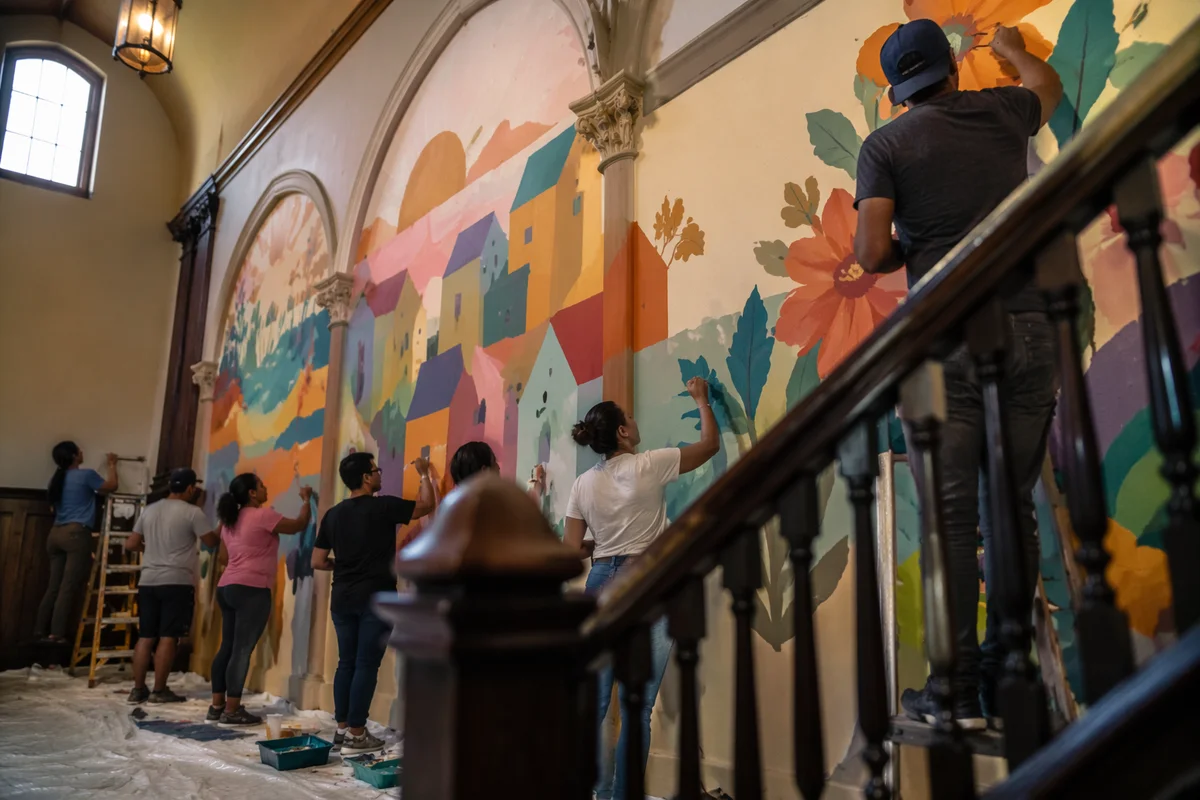 Volunteers Painting Colorful Community Hall Mural