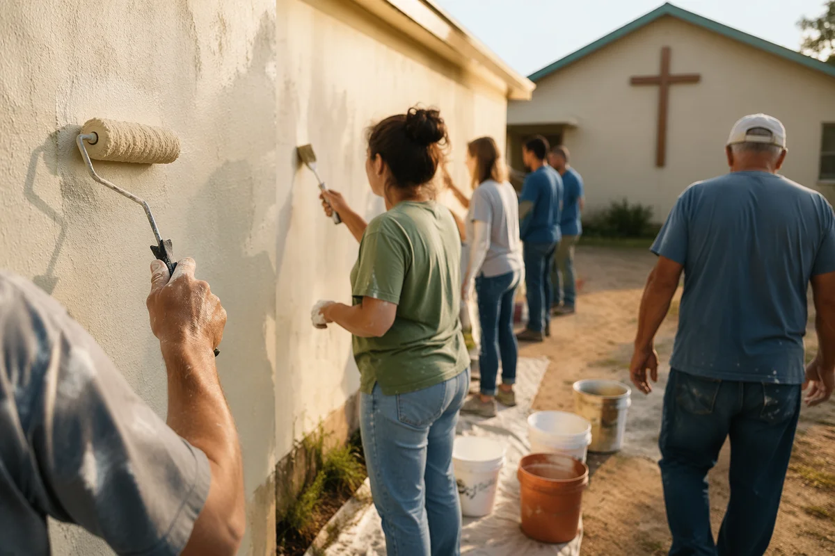 Volunteers Painting Chapel Wall Together