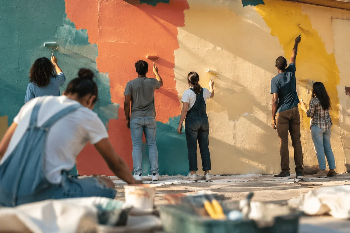 Community Volunteers Painting a Neighborhood Mural