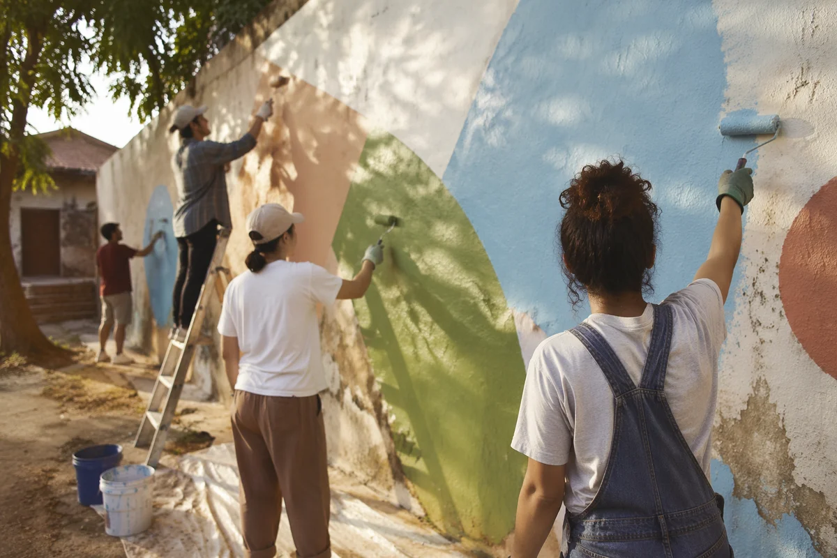 Volunteers Painting a Community Mural Together
