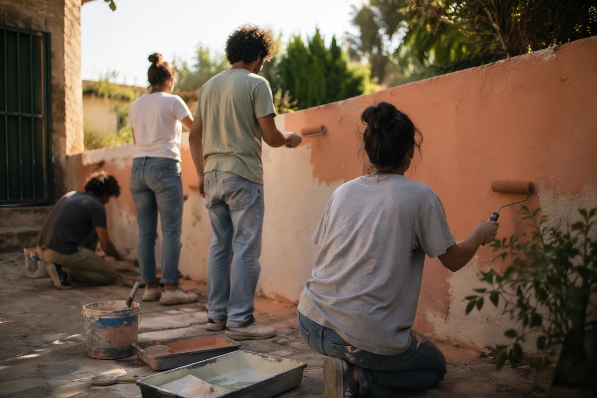 Volunteers Painting Community Wall at Sunset