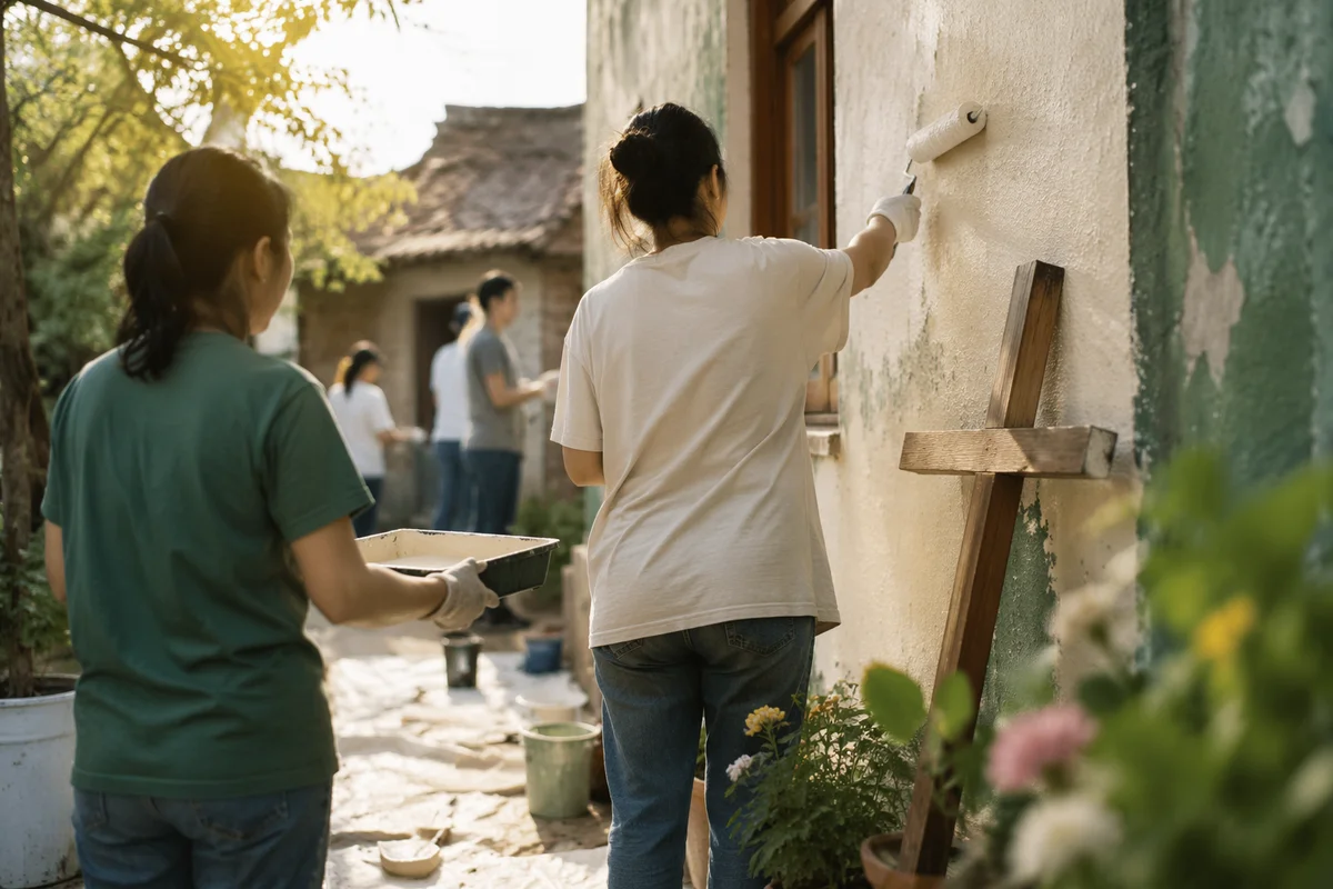 Volunteers Painting Community Wall in Spring