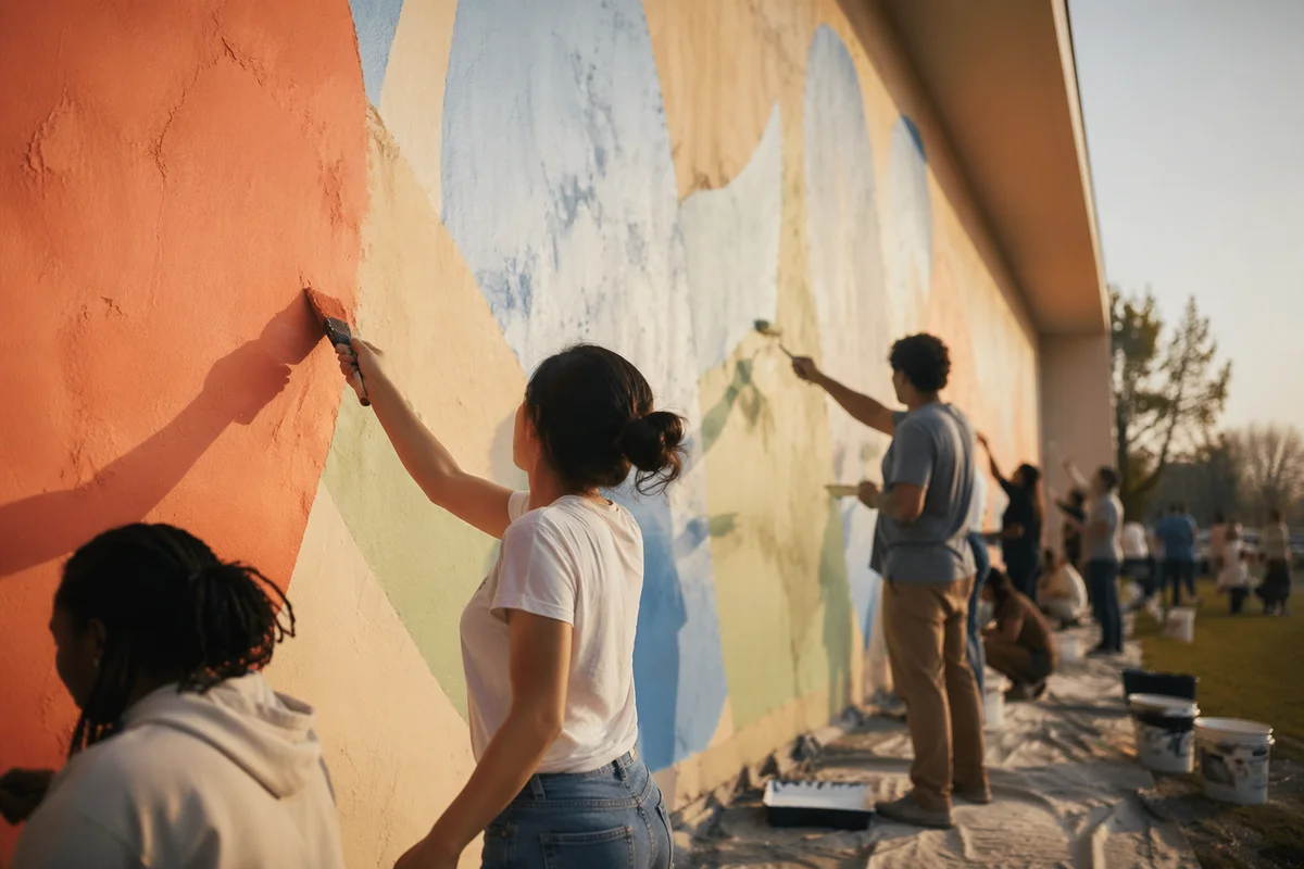 Volunteers Painting a Hopeful Community Mural
