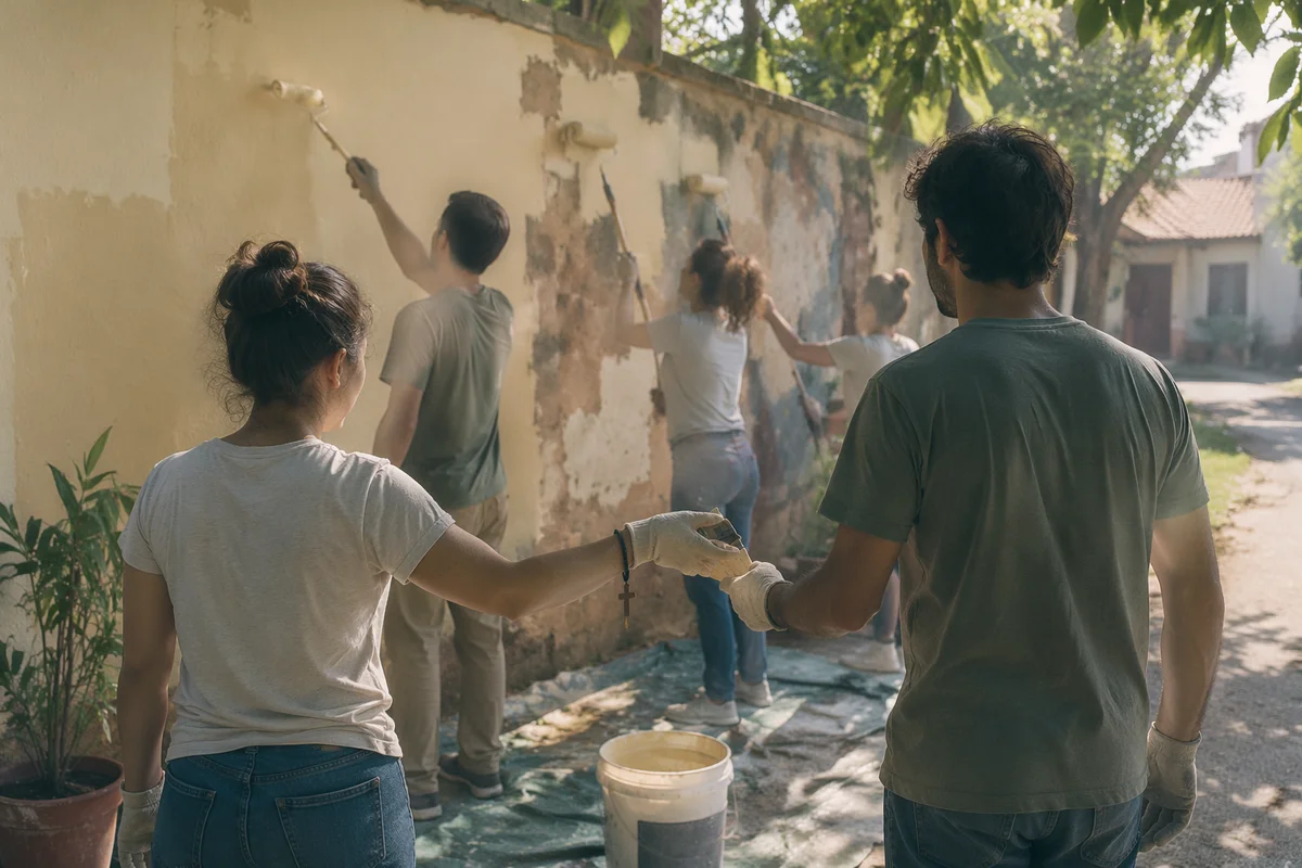 Christian Volunteers Painting Neighborhood Wall Together