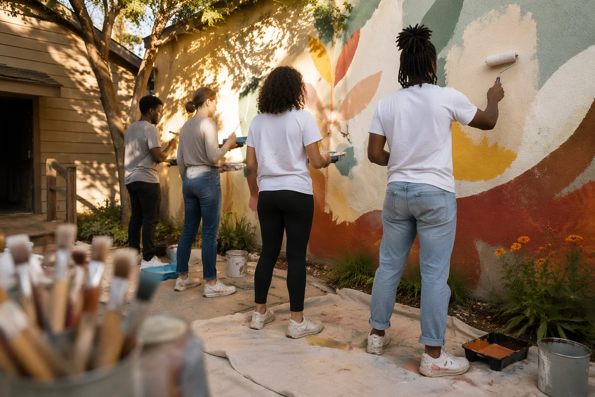 Volunteers Painting Hopeful Community Garden Mural