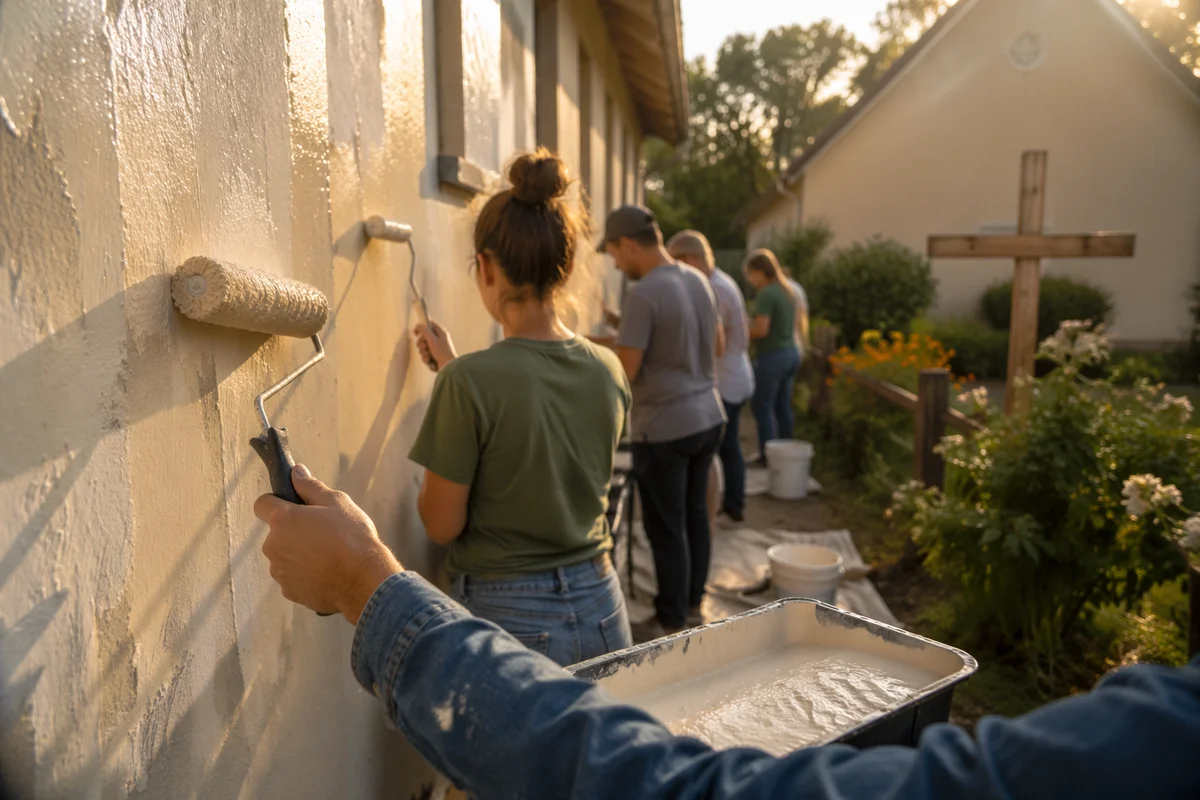 Volunteers Painting Chapel Community Wall Together