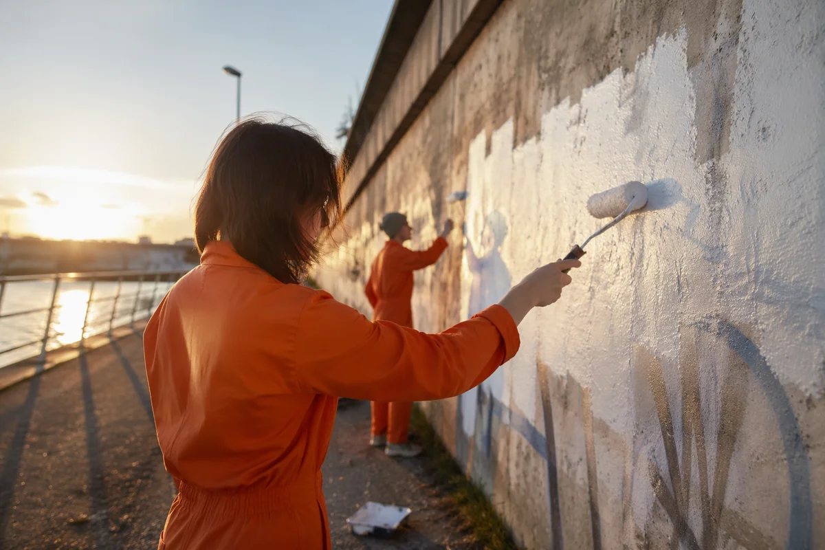 Community Volunteers Repainting Wall at Sunset
