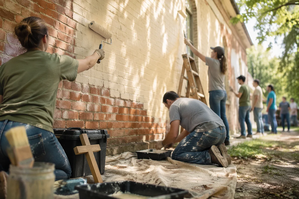 Church Volunteers Painting Community Center Wall