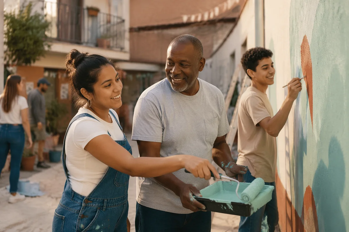 Volunteers Painting Community Wall Together Outdoors