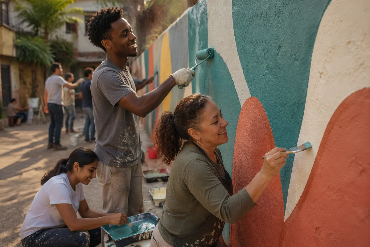 Volunteers Painting Community Wall Together