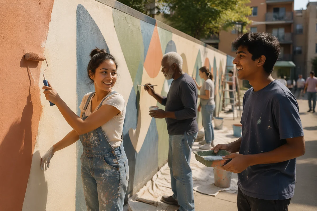 Volunteers Painting Community Wall in Courtyard