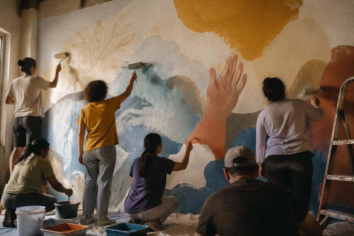 Volunteers Painting Community Mural Together