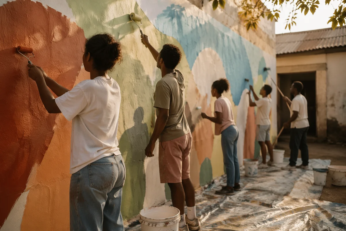 Volunteers Painting a Hopeful Community Mural