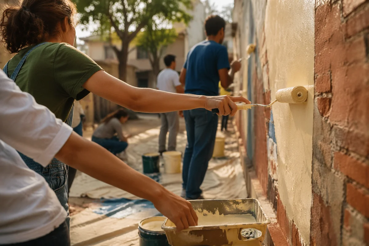 Volunteers Painting a Community Wall Together