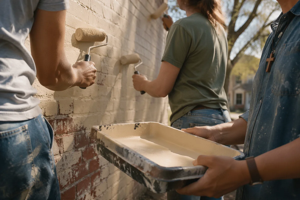 Faith Volunteers Painting Community Wall Together