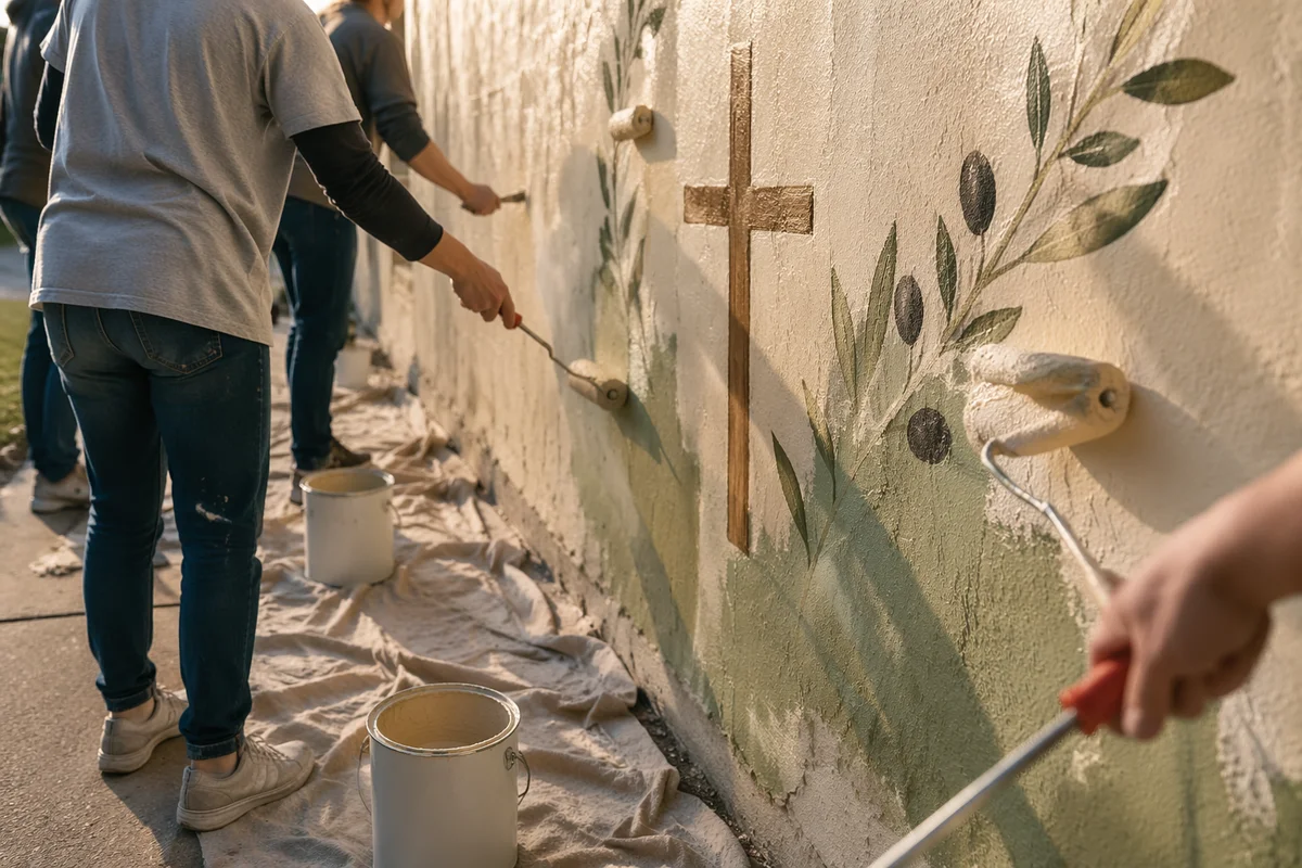 Church Volunteers Painting Community Wall Together