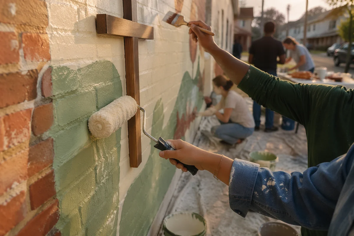 Community Volunteers Painting Fellowship Hall Wall