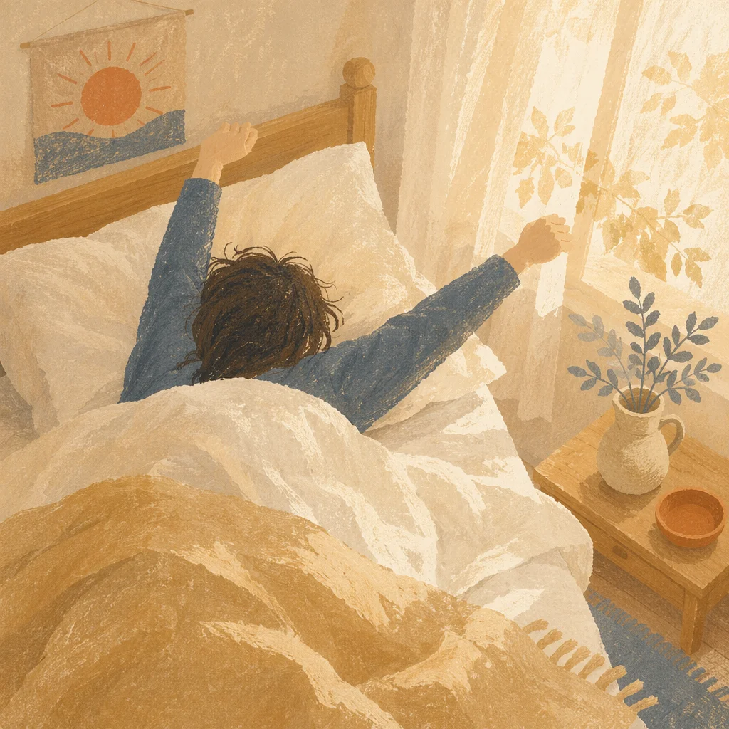 Peaceful Morning Stretch in Sunlit Bed