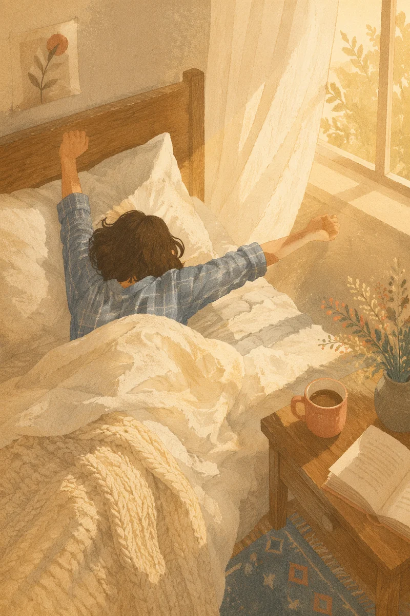 Peaceful Morning Stretch in Sunlit Bed