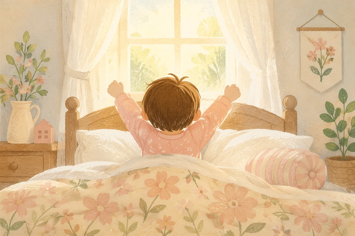 Toddler Stretching in Bed Morning Sunlight