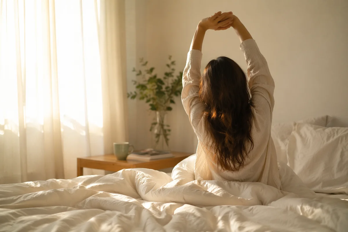 Peaceful Morning Stretch in Sunlit Bedroom