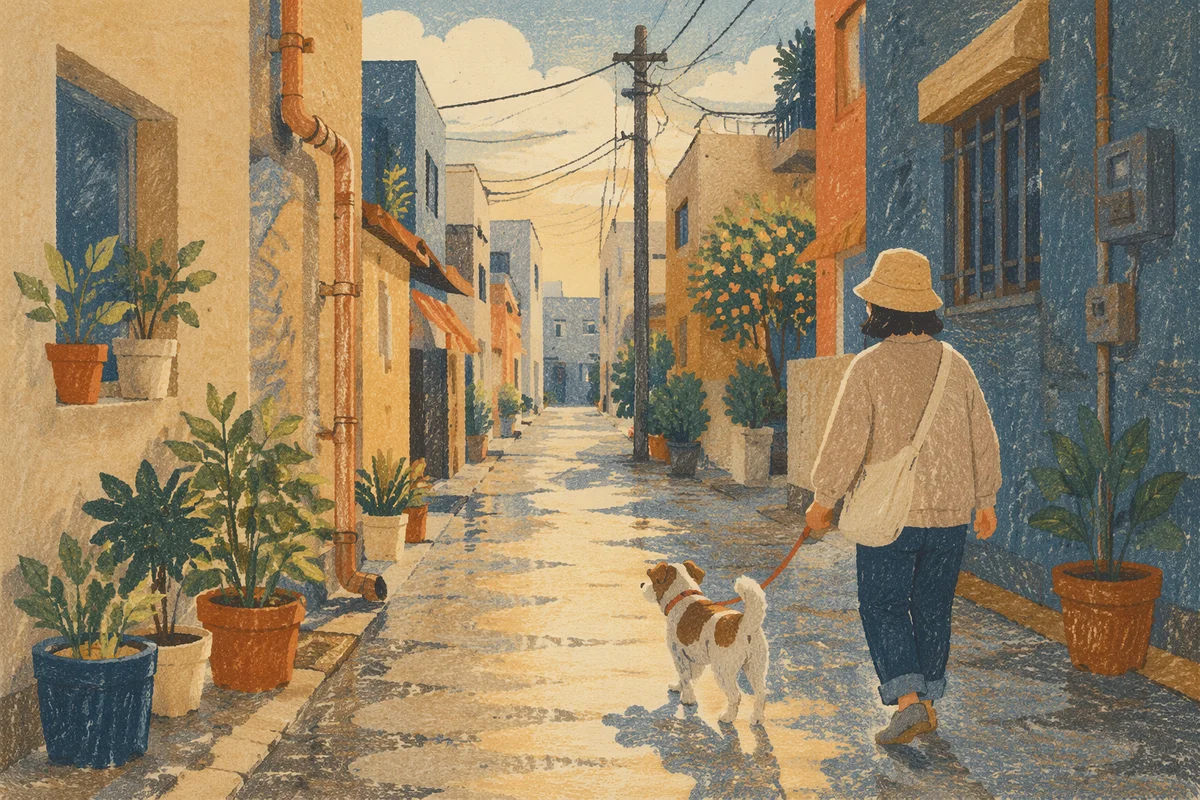 Morning Dog Walk in Quiet Alley