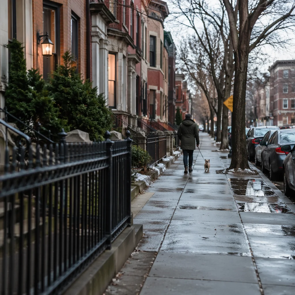 Morning Dog Walk on Quiet Sidewalk