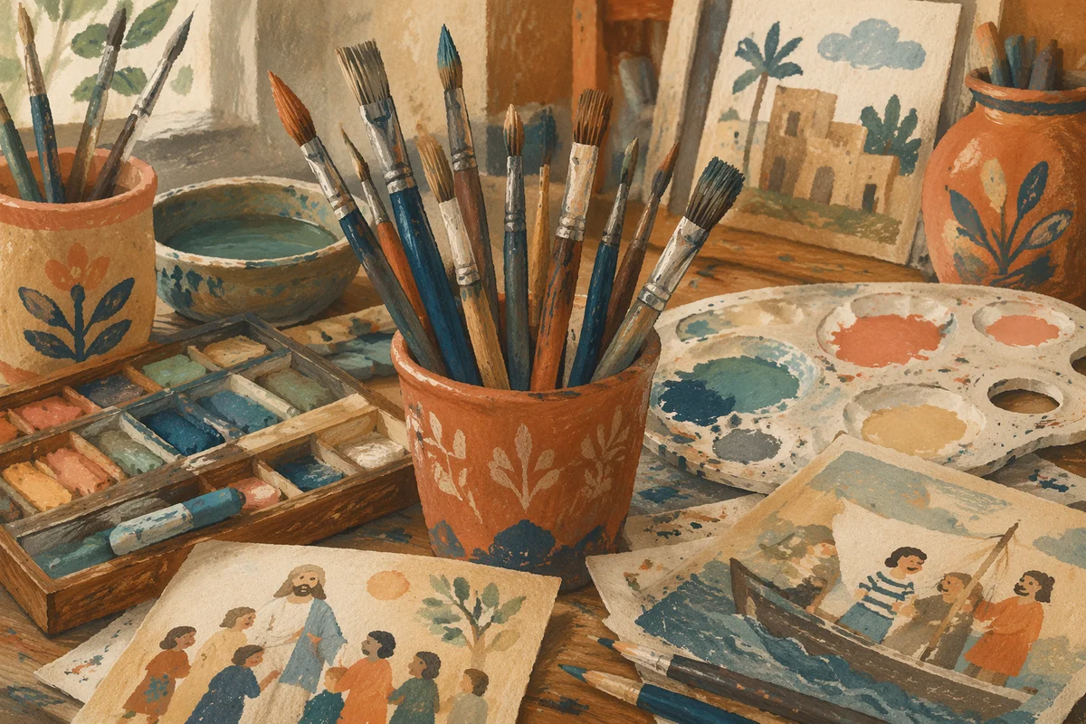 Watercolor Supplies on Warm Studio Tabletop