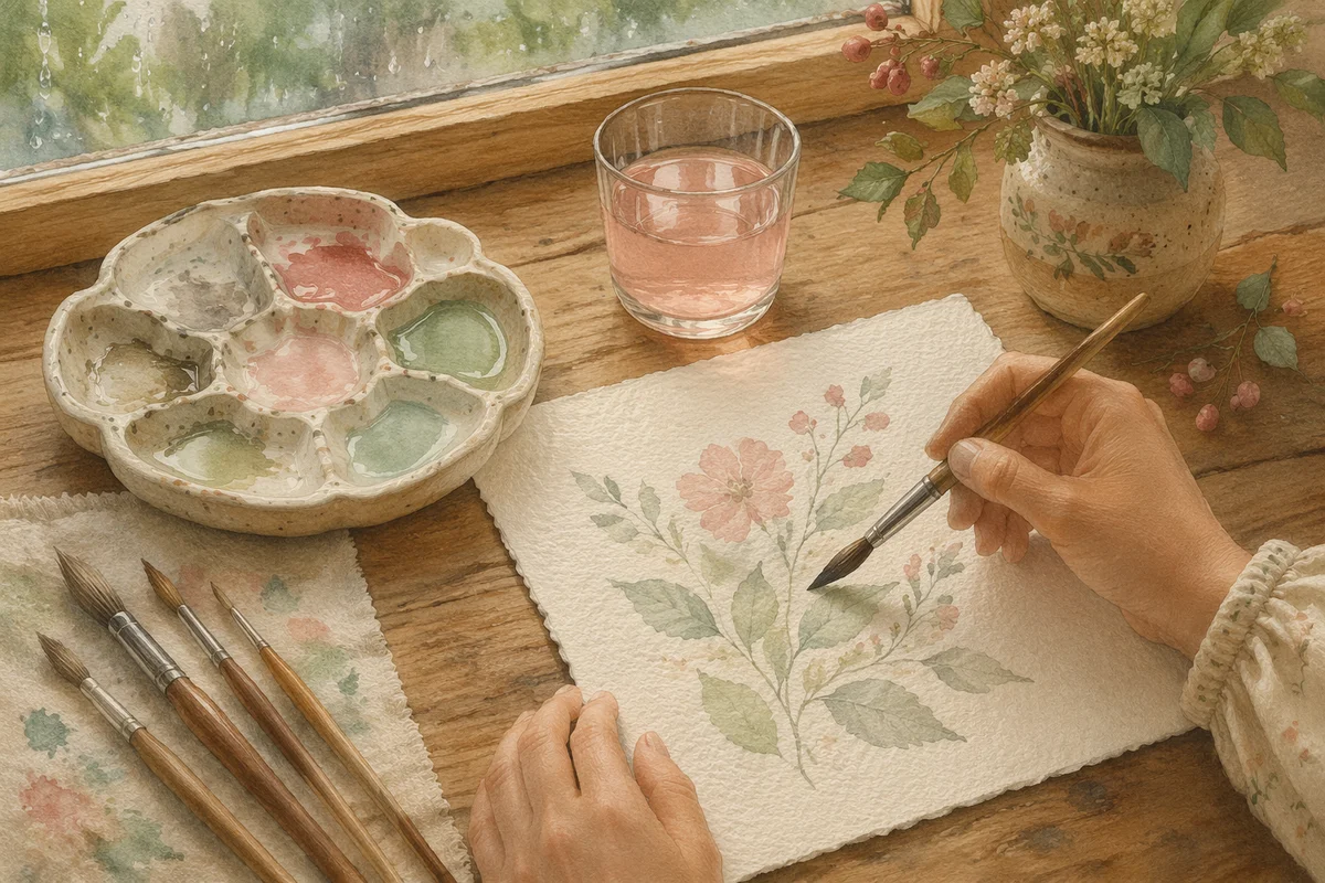 Sunlit Watercolor Painting Supplies on Kitchen Table