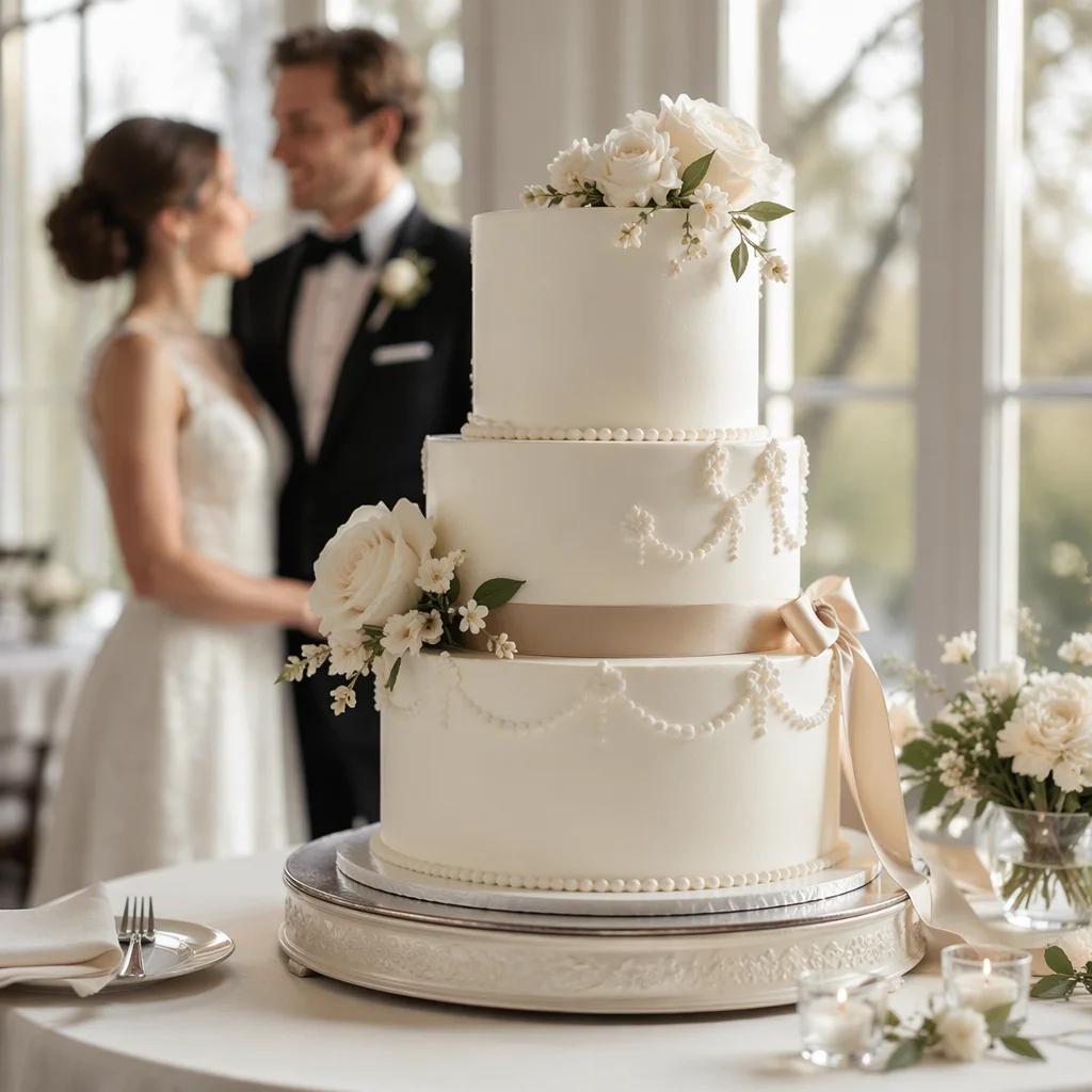 Elegant Three-Tier Wedding Cake Reception Scene