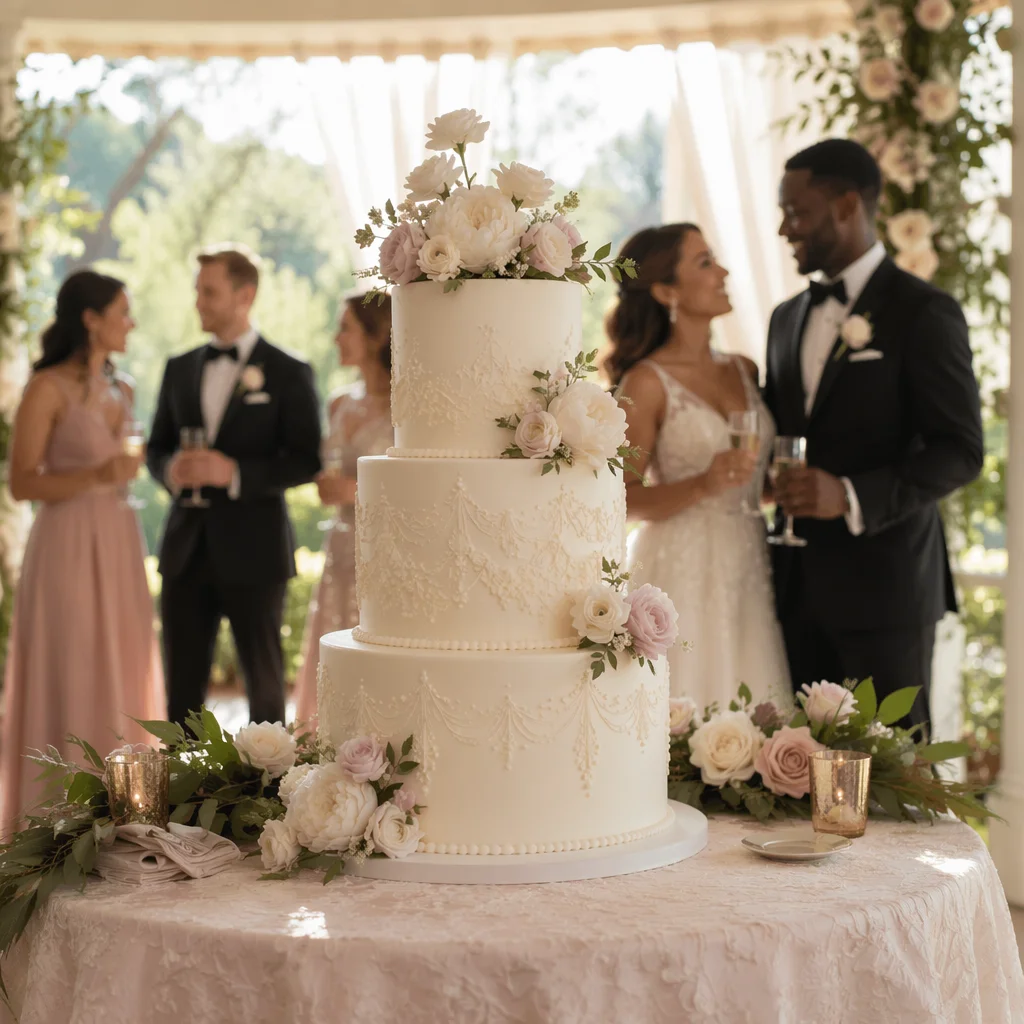 Elegant Three-Tier Wedding Cake in Garden
